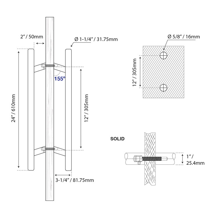 1-1/4” DIAMETER - 155º OFFSET LADDER PULL HANDLE BACK-TO-BACK - SATIN STAINLESS STEEL MOD. L27